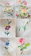 VTG Madeira Tablecloth linen & organza appliqued & embroidered flowers 68 /110