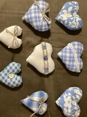 Soft Country Blue And Cream Fabric Stuffed Hearts. Embellished By Hand.