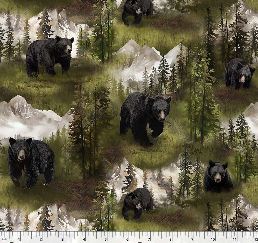 Cotton Wild Animals Black Bear Wildlife Mountains Fabric Print by Yard D606.20