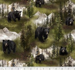 Cotton Wild Animals Black Bear Wildlife Mountains Fabric Print by Yard D606.20