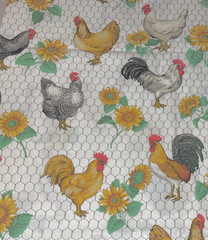 SHARON KESSLER FARMHOUSE CHICKEN & SUNFLOWER PRINT TABLECLOTH 43″ X 42″ PREOWNED