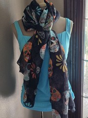Black Multicolor Sugar Skull Print Scarf/Fabric Piece approx 56×60