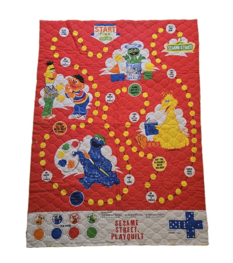 Vintage Sesame Street Play Quilt Panel Cheater Game Oscar Bert Ernie Preschool