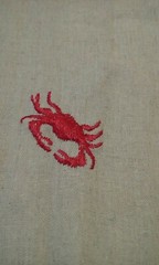 Red Crab Embroidered Linen Look Fabric 3-5/8+ yd (132″l) 54″w Natural Flax color