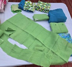 Vintage Fabric Scrap LOT Lime Green Wool Blue Mid Century Mod Aunt Leo D5