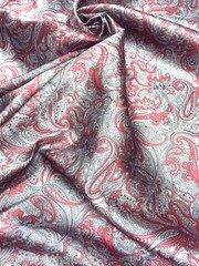 Paisley Print NON-STATIC Viscose Satin Feel Material Fabric BTY – Burgundy Ivory