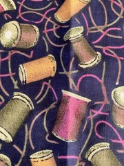Mustard Avocado Berry Thread Spools on Navy Vintage Cotton Fabric 1.1Y x 43″ W