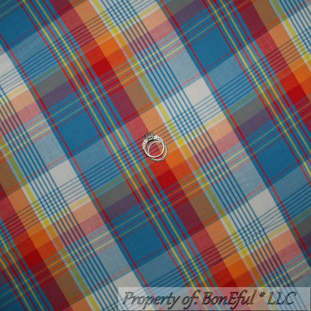 BonEful Fabric FQ Cotton Quilt Blue Red White Yellow Plaid Stripe Block Check US