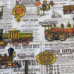 House N Home Vtg Train Locomotive Railroad Newsprint Fabric 2.5 Yards Americana