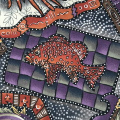 Faux Patchwork Exotic Fish Purple Sampou The Red Sea Kaufman Cotton Fabric 27″L