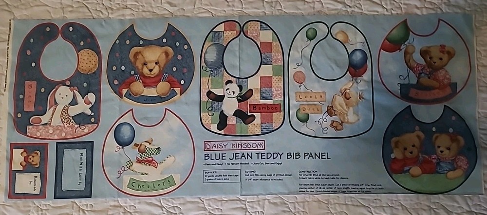 Daisy Kingdom Blue Jean Teddy Baby Bib Fabric Panel Bears W/ Balloons