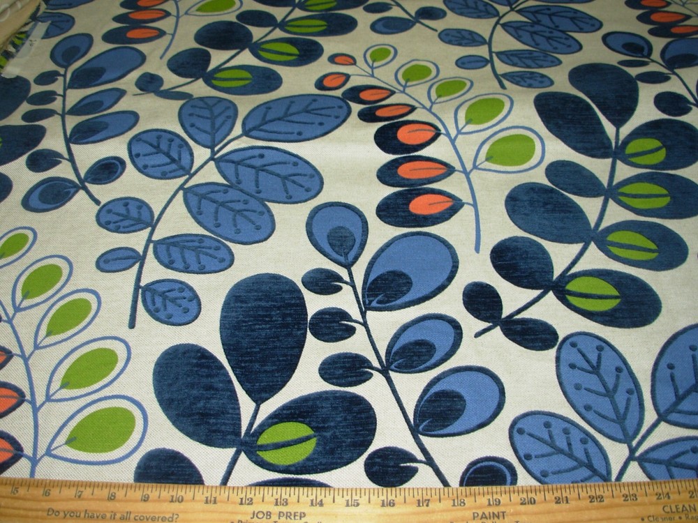10 YDS MICROFIBRE LINEN CUT VELVET LEAVES BLUE UPHOLSTERY FABRIC FOR LESS