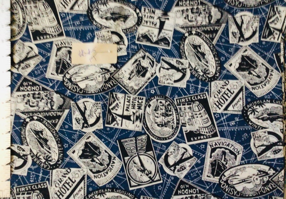 Fabric Traditions Travel Stamps Patches on Blue Cotton Fabric By the Yard