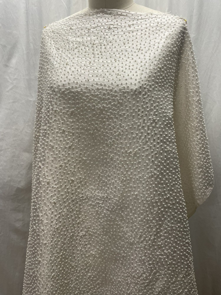 100% Silk Hand-Beaded Pearls Densely Scattered on White Fabric by the Yard 44″