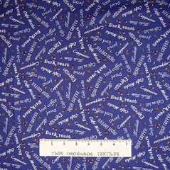 I Love Coffee Fabric – Coffee Words & Beans Navy Blue – Elizabeth’s Studio YARD