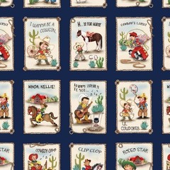 PANEL HAPPY TRAILS LIL COWHANDS BLOCKS BY MICHAEL MILLER COWBOYS FABRIC 22″X44″