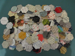 Quilt Block Fabric Basted 1″ Hexagons Lot of 211 All Print Words for EPP Crafts