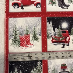 Christmas Red & White Truck Fabric 3 Panels For Quilting Read