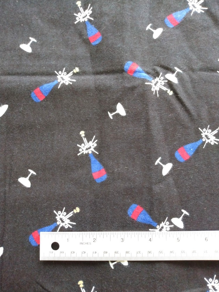 2 yards fabric POPPING CHAMPAGNE BOTTLES on black, glasses, New Year , party