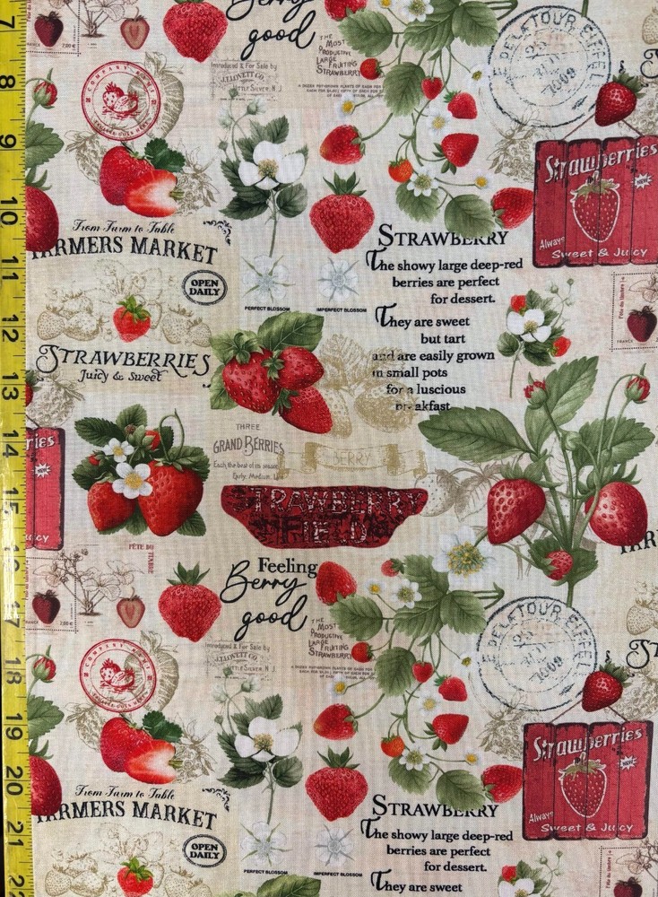 Strawberry Farm Beige Timeless Treasures Fabric Fruit CD3400 strawberries flower