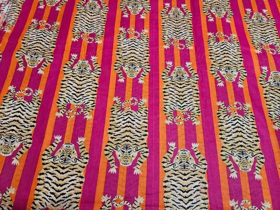 Pink Tiger Indian Hand Printed Cotton Fabric by 5 Yard Sewing Craft Dressmaking