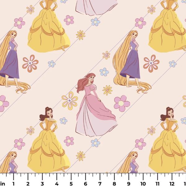 Cotton Pastel Princesses Belle Rapunzel Ariel Peach Fabric Print by Yard D601.15