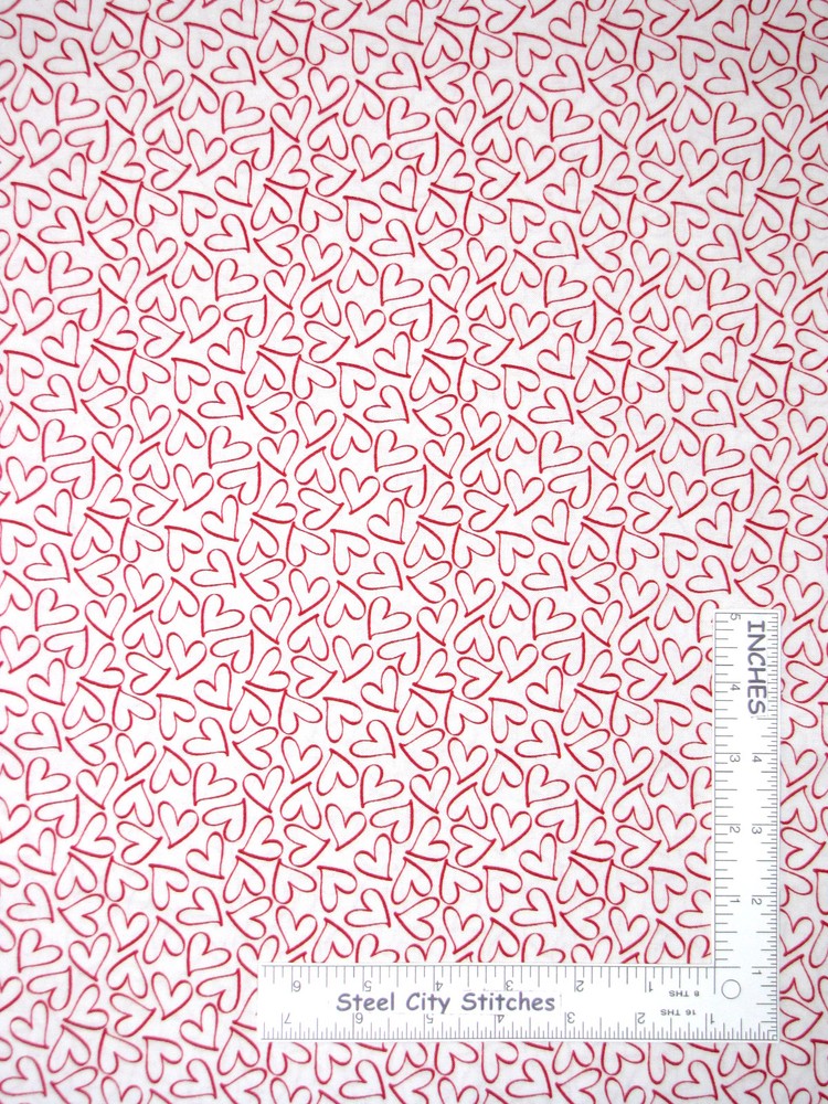 Valentine Heart Toss Red Outline Hearts on White Cotton Fabric Stof #507 ~ YARD
