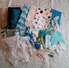 Aqua Teal Needlework Slow Stitch Bundle Vintage Fabric Embroidery Lace Craft Sew