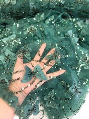 Emerald Green Lace 3d Butterflies on Mesh Prom Fabric Sold by the Yard Gown Quin