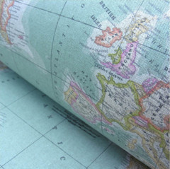 WORLD MAP 2 Globe Atlas Furnishing Fabric Cotton Material 55” wide SKY BLUE