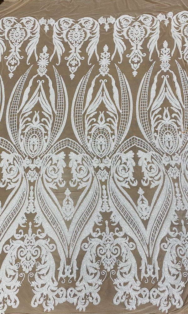Ivory Victorian Egg/Tulip, Big Print, Sequin, 4-way Stretch, Fabric 55″