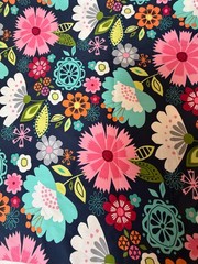Fabric Lot 2 Yds 18 Ins 42 W Floral Op Art Flowers Home Decor Navy Pink Aqua