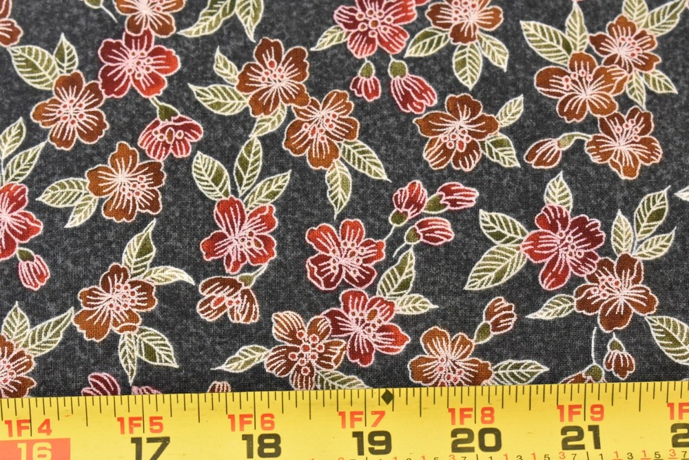 By 1/2 Yd, Burgundy Brown & Green Floral on Gray Quilt Cotton, Hi-Fashion, P2898