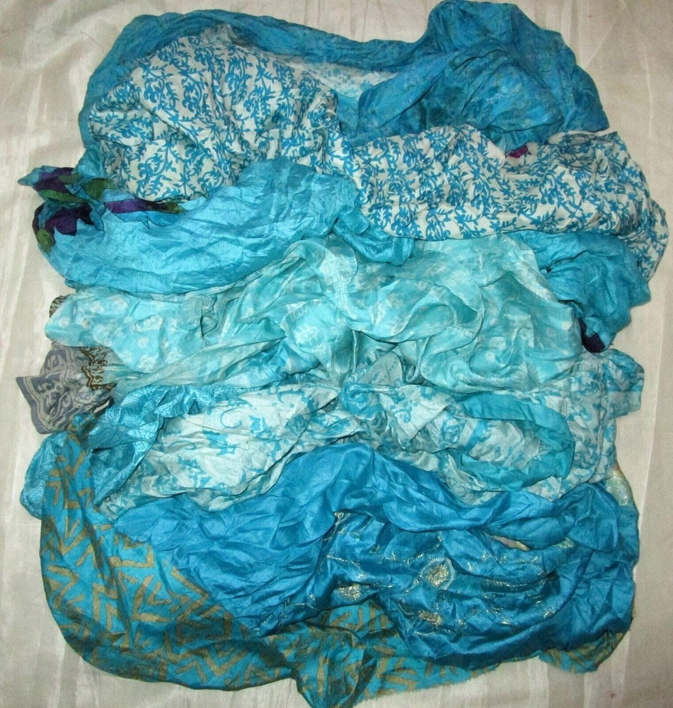 BBI LOT PURE SILK Antique Vintage Sari REMNANT Fabrics 100 GRAMS AQUA TURQUOISE