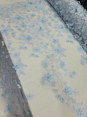 Sky Blue Lace 3d Floral Flowers On Mesh Fabric Sold By The Yard Gown Quinceañera