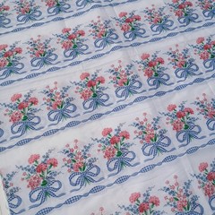Vintage Floral Fabric White with Blue and Pink Gingham Bows 4 Yards Cottagecore