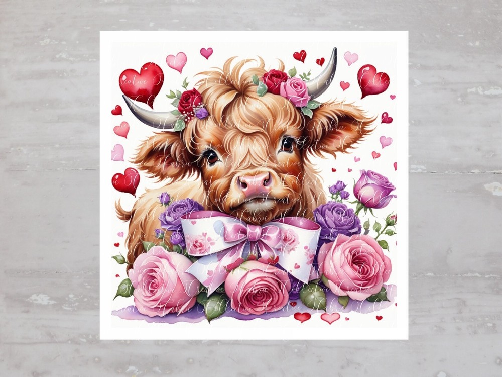 Chic Roses Hearts Bow Highland Cow Fabric Panel Craft Sewing Quilt Block A565