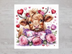 Chic Roses Hearts Bow Highland Cow Fabric Panel Craft Sewing Quilt Block A565