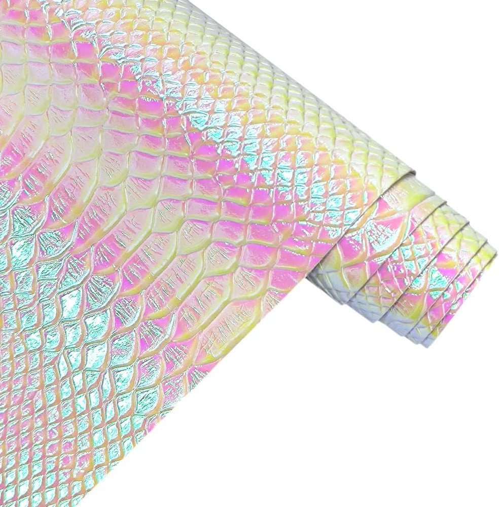 30X135Cm Holographic Crocodile Skin Vinyl, Iridescent White Alligator Faux
