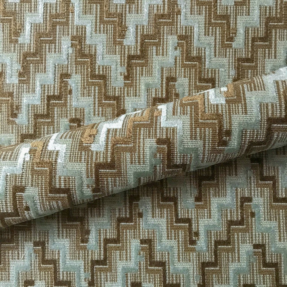 Pale Blue and Brown Mid Century Geometric Velvet Cut Upholstery Fabric 56″