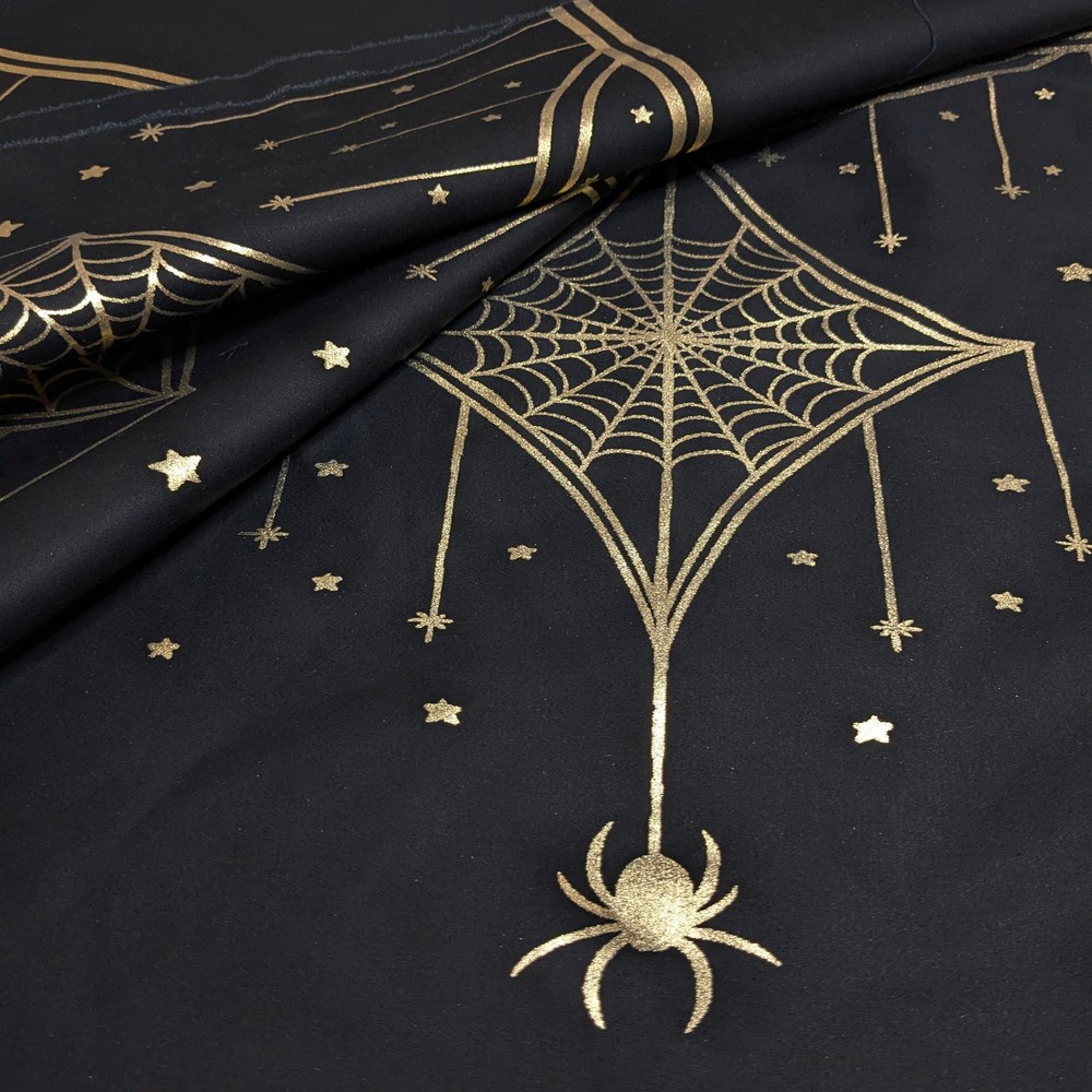 Black Cotton Art Deco Gold Spider Web Border Fabric Gothic Designer Deadstock