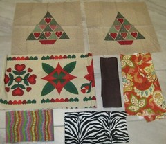 6 PIECES OF FABRIC BEIGE FOR TREE PILLOW, FLOWERS, BLACK & WHITE BROWN & BRIGHT!