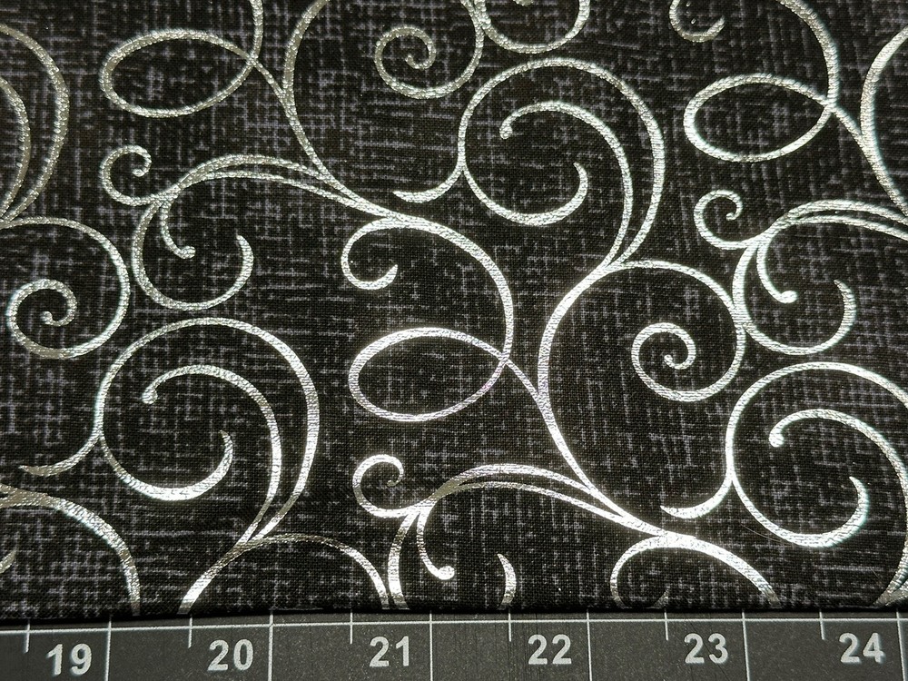 Tina Scrap 9″x21″ Black Silver Elegant Swirl Spiral Metallic Foil COTTON Fabric