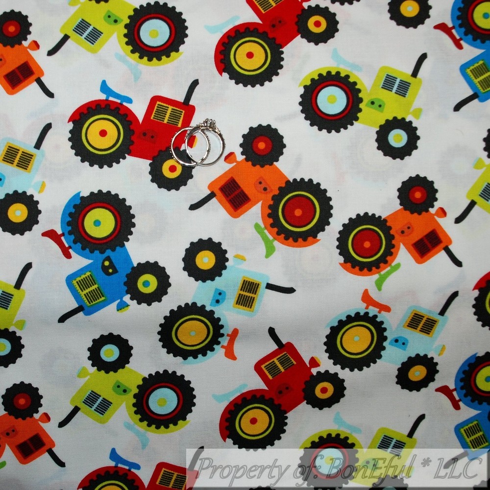 BonEful FABRIC FQ Cotton Quilt White Green Red Blue Farm Tractor Tire Boy Print