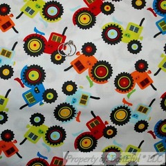 BonEful FABRIC FQ Cotton Quilt White Green Red Blue Farm Tractor Tire Boy Print