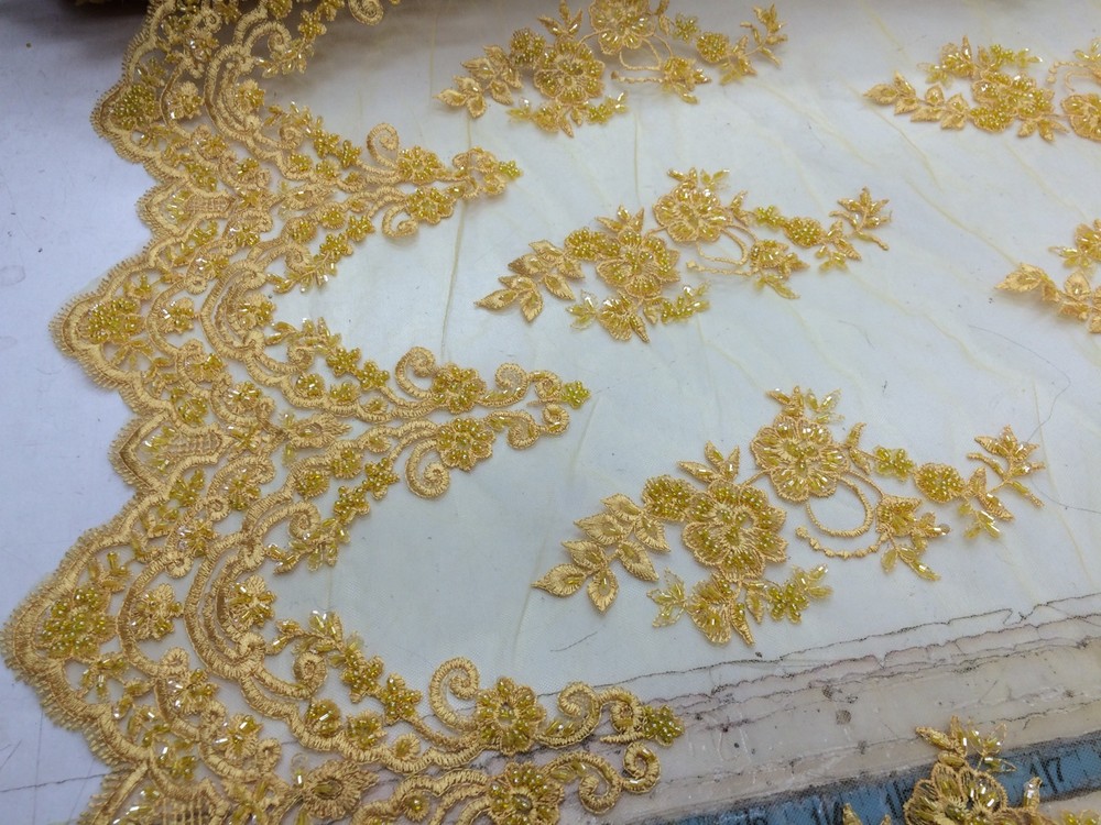 Elegant Yellow Hand Beaded Mesh Lace.Wedding/Bridal Fabric.36x50inches.by yard.