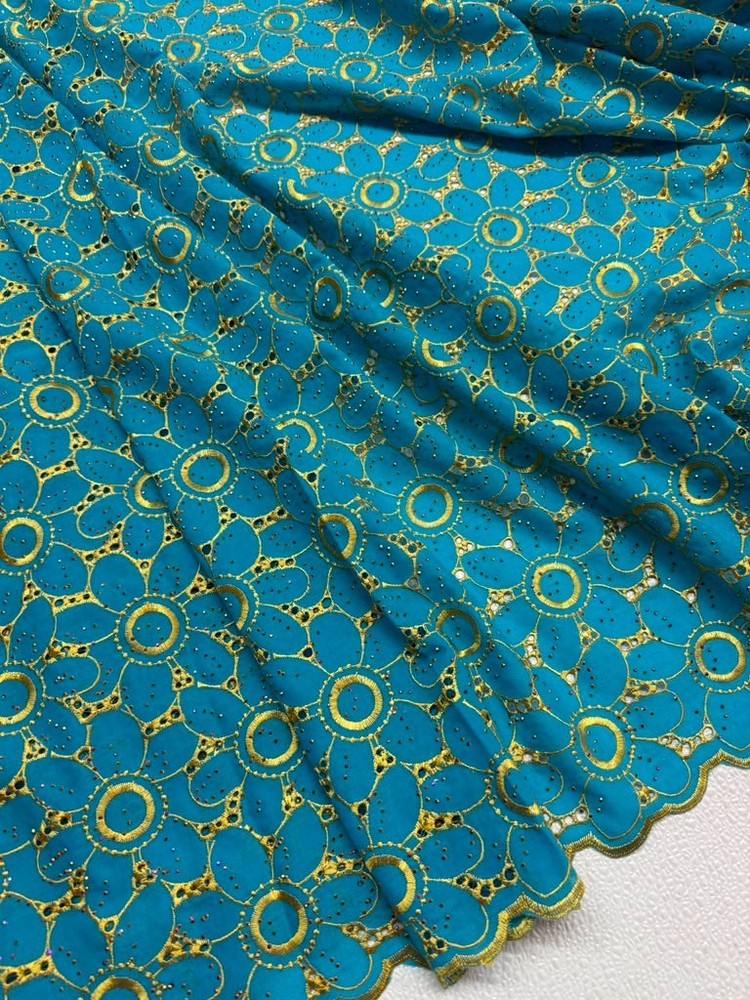 Turquoise Blue Gold Voile Lace| Gold Floral Lace Embroidery| Sold by 5 Yards.