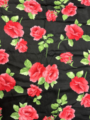 Red Green Large Scale Rose Floral Black Sateen Fabric Gertie BTHY #61