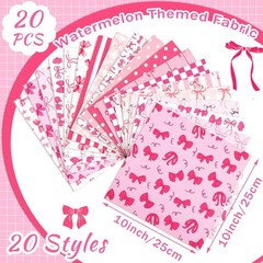 20 PCS 10×10 Inch Pink Bow Quilting Fabric Squares Coquette Precuts Heart