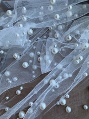NEW Fabric Whole 6 Yard Cut 50 Inch Multi Pearl on Mesh Bridal Prom